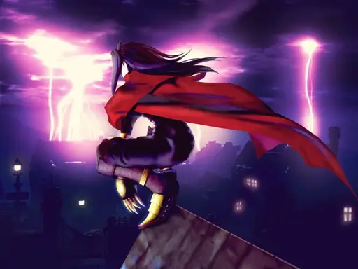 Vincent from Final Fantasy VII seen from behind. He is looking at the landscape of Nivelheim on a stormy night from a roof top. The sky is full of purple lightings.